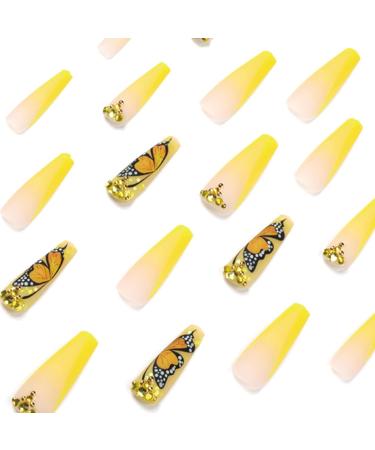 Justotry 24 Pcs Diamante Butterfly Yellow French Press on Nails | Medium Ballerina Stick on False Nails with Glue - Acrylic Coffin Nails for Women - Buy Online on GoSupps.com