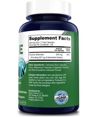 Choline Bitartrate 650mg 200 Veggie Capsules - Vegetarian, Non-GMO & Gluten-Free - Buy Online on GoSupps.com