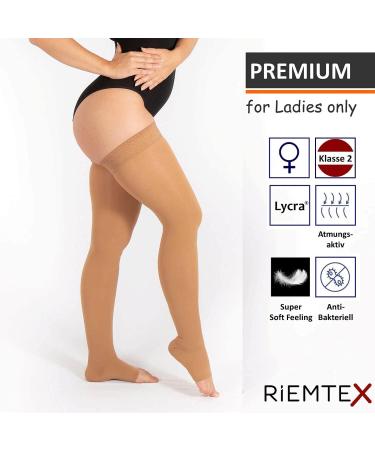 RIEMTEX Premium Compression Stockings Class 2 (CCL2) 23-32 mmHg Open Toe Thigh Highs for Women & Men - Caramel Size 4 - Buy Online on GoSupps.com