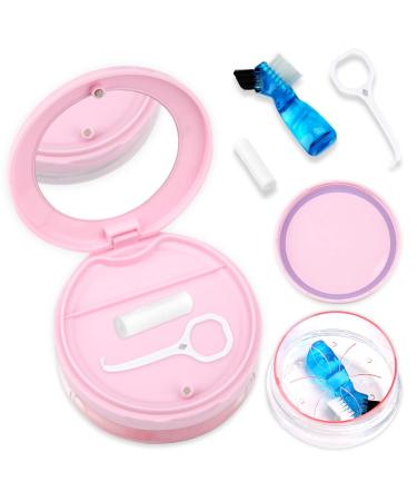 Denture Case Leak-Proof Denture Bath Box for Travel Double Layer Denture Cleaning Case Denture Cup with Strainer Basket Brush Removal Tool and Mirror (Pink)