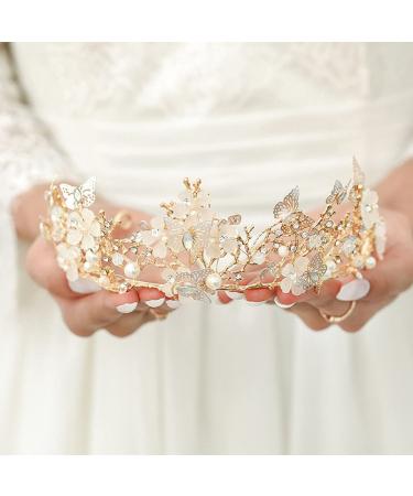 CanB Baroque Queen Bride Crowns and Tiaras Gold Rhinestone Prom Flower Wedding Bridal Hair Accessories for Women and Girls (style-2)