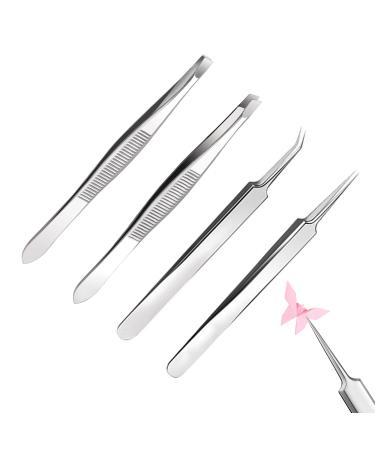 TINGWEN Set of 4 Tweezers Set Stainless Steel Professional Tweezers Set Hair Slicker Tweezers for Eyebrows Hair Crafts Succulents etc. (A)