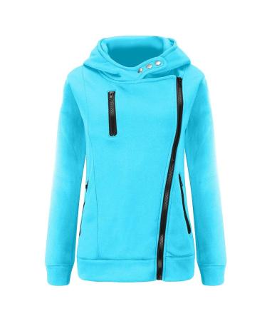Bigfanshu Women's Sweatshirts Casual Zipper Patchwork Hooded Autumn Winter Warm Long Sleeve Loose Pullover Blue