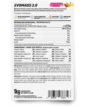 Weight Gainer and Muscle Mass of HSN | Evomass 2.0 | Weight Gainer: Carbohydrates (Maltodextrin + Oatmeal) + Whey Protein | Vegetarian Strawberry-Banana Flavor 1 kg - Buy Online on GoSupps.com