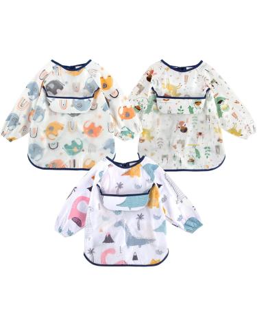 Discoball Baby Bibs with Sleeves Waterproof Feeding Bibs - 3 Pcs Unisex Baby Dribble Bibs Painting Apron Bibs Adjustable Closure with Large Pocket for Infant Toddler 6 Months to 3 Years Old White#2