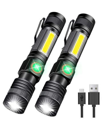 Flashlight USB Rechargeable, Magnetic LED Flashlight, Super Bright LED Tactical Flashlight with Cob Sidelight, 2000LM, Waterproof, Zoomable Best Small LED Flashlight for Camping, Emergency Flashlight 2pack Magnetic flashlight