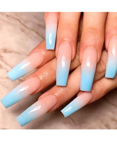 Sethexy glossy ballerina fake nail long coffin gradient wrong fingernails light blue 24st acrylic art you press on nail tips for women and girls