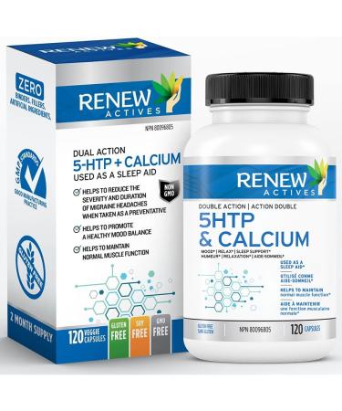 Renew Actives 5-HTP & Calcium Supplement - Sleep Aid - Promote Mood Balance - Source of Electrolyte - Help with Bone & Muscle - 120 Capsules 1 count (Pack of 1)