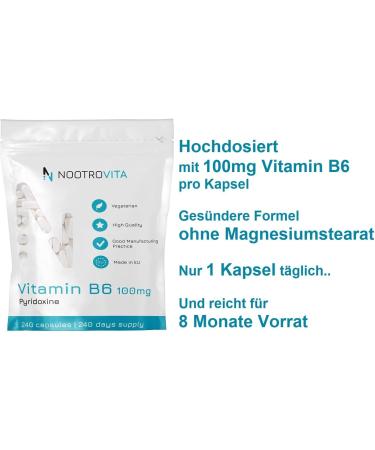 Vitamin B6 High Dose 100mg - 240 Vegan Capsules | Pure Pyridoxine | Gluten-Free | No Fillers | Made in ISO-Certified Facility | Nootrovita - Buy Online on GoSupps.com