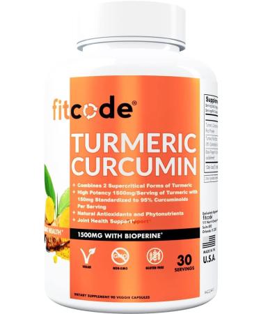 Fitcode 1500mg Turmeric Curcumin with 95% Curcuminoids & BioPerine - Highest Potency, Gluten-Free, Non-GMO - 30 Veggie Capsules - Buy Online on GoSupps.com