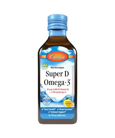 Carlson - Super D Omega-3 Wild Caught Norwegian Arctic Cod Oil 2000 IU (50 mcg) Vitamin D3 1100 mg Omega-3s Sustainably Sourced Nordic Fish Oil Liquid Lemon 200 mL (6.7 Fl Oz)
