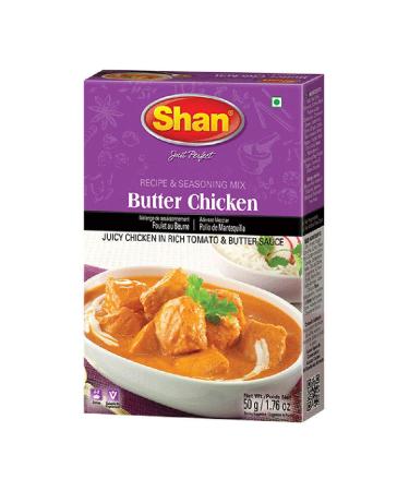 Shan Butter Chicken Recipe and Seasoning Mix 1.76 oz (50g) - Spice Powder for Juicy Chicken in Rich Tomato and Butter Sauce - Suitable for Vegetarians - Airtight Bag in a Box