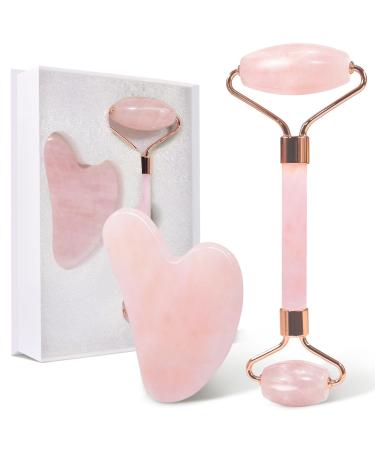 GUGUG Rose Quartz Stone Gua Sha Set Natural Jade Roller for Facial Massage Face Roller for Eye Puffiness Skin Tightening