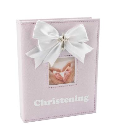 White Faux-Silk Double Bow and Silver Plated Cross Christening Photo Album in Pink - Holds 60 6x4 Pictures - Gorgeous Christening Gift Idea for Baby Girl by Happy Homewares