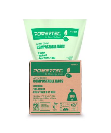 POWERTEC ASTM D6400 Certified Compostable Bags  100 Count | 11.35 Liter - 3 Gallon Trash Bags, 0.71 Mil, US BPI and European OK Compost Home Certification - Sustainable Green Products 100 Count (Pack of 1)