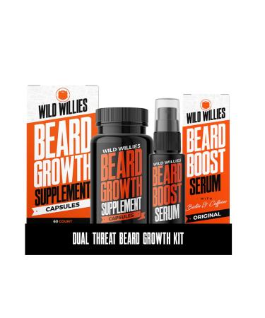 Wild Willies Beard Growth Kit - Capsules & Boost Serum - Natural Growth Oil With Biotin & Caffeine - Vitamins for Fuller Thicker Beard - 60 Capsules - For Men