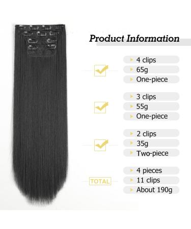 YDDM 24-Inch Clip-In Hair Extensions - Black Synthetic Smooth & Full (1B) - Affordable Realistic Look for Women (4PCs) - Buy Online on GoSupps.com