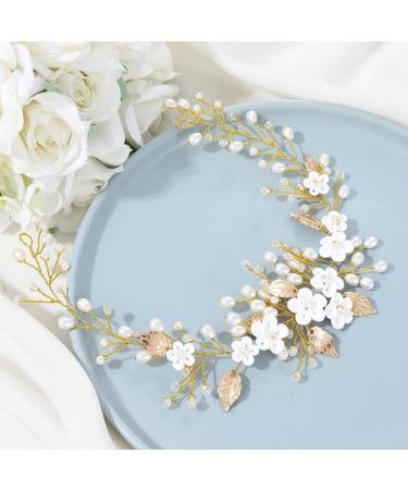 Vakkery Wedding Flower Hair Vine Pearl Headband | Gold Bridal Leaf Headpiece & Accessories for Women & Bridesmaids - Buy Online on GoSupps.com