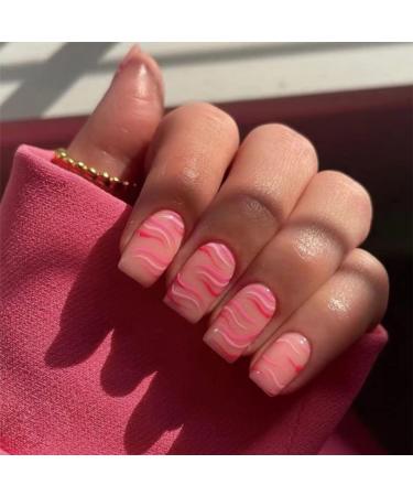 Sethexy short squoval false nails swirl press on nails French false fingernails 24st art acrylic nails stick on for women and girls pink - Buy Online on GoSupps.com