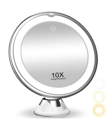 10X Magnifying Makeup Mirror with Lights, 3 Color Lighting, Bathroom Shower Mirror with Suction Cup, Intelligent Switch, 360 Degree Rotation, Portable for Detailed Makeup, Close Skincare White Medium