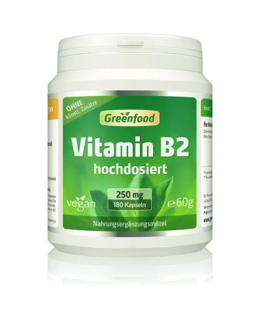 Vitamin B2 (Riboflavin) 250 mg high dose 180 capsules - for energy metabolism skin vision and nerves.Without artificial additives.Without genetic technology.Vegan.60 g (1 Pack)