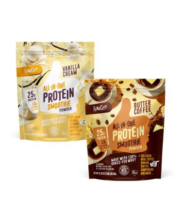 FlavCity Butter Coffee & Vanilla Smoothie Bundle - 25g Grass Fed Whey Protein Powder & 10g Collagen in Vanilla and Coffee Flavors - Real Vanilla Bean & Coconut Gluten Free (20 Servings Each)