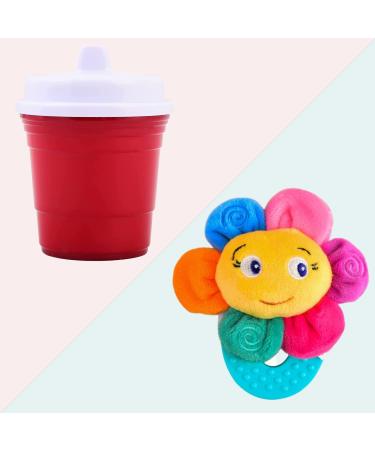 Wristy Buddy Flower Baby Teether & Red Cup Living Baby Sippy Cup 8oz Safe and Soothing Teether & Adorably Cute Sipper for Teething Infants Babies Toddlers & Kids- Perfect Gifting Combo