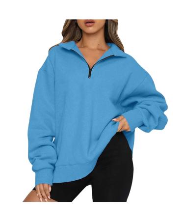 Half Zip Oversized Sweatshirt for Women Long Sleeve 1/4 Zip Pullover Drop Shoulder Solid Sweatshirts 2022 Fall Fashion Tops Solid-blue Large