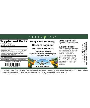 Dong Quai Barberry Cascara Sagrada and More Formula Glycerite Liquid Extract (1:5) - Chocolate Flavored (1 oz ZIN: 523504) - Buy Online on GoSupps.com