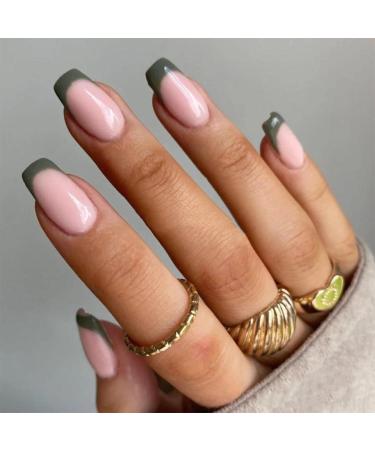 Bufenia press short French tip nails oval fake nail tips shiny wrong nails complete cover acrylic nails for women and girls (dark green)