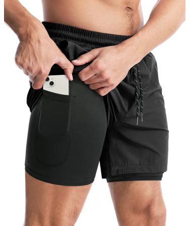 Aolesy Mens 2 in 1 Running Shorts, Workout Gym Athletic Shorts for Men Quick Dry Lightweight Training Shorts with Pockets Black Medium