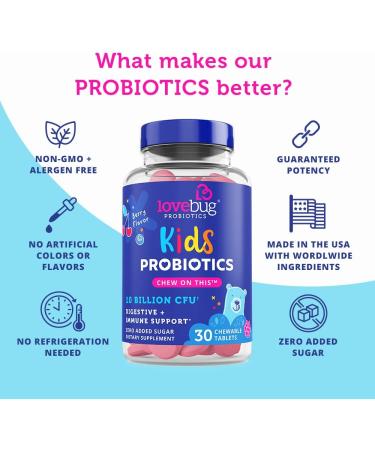 LoveBug Kids Probiotics - Delicious Berry, 10 Billion CFU, 30 Chewable Tablets - Buy Online on GoSupps.com