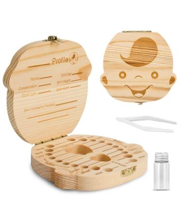Baby Tooth Box ,Wooden Kids Keepsake Organizer for Baby Teeth, Cute Children Tooth Container with Tweezers and lanugo Bottle to Keep the Childhood Memory (Boy)