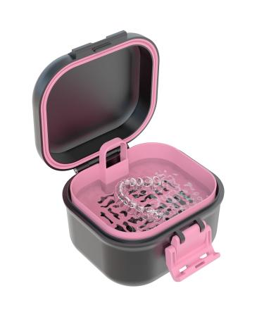 BVN leak -proof prosthesis box denture box with sieve sustainable soakable dental dinner for all age group liners and braces (black + pink).