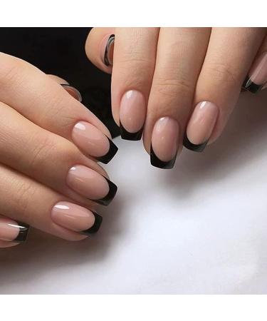 Square False Nails Short 24Pcs Black French Fake Nails | Acrylic French Nail Tips with Jelly Glue | Squoval Stick on Nails for Women and Girls - Buy Online on GoSupps.com