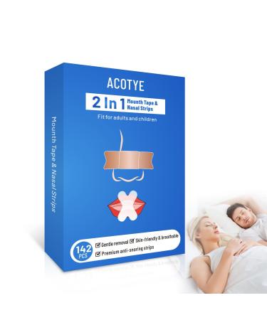 Acotye 2 in 1 Anti-Snoring Solution 142pcs Mouth Tape for Sleeping & Nasal Strips for Snoring Sleep Tape to Relief snoring Improved Nighttime Sleeping Hypoallergenic
