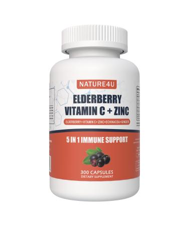 Nature4U 5 in 1 Elderberry Immune Support Supplement Daily Immune Boosters for Adults Antioxidants Supplement Elderberry 1000 mg Vitamin C Zinc Echinacea Ginger 300 Vegan Capsules - 5 Month
