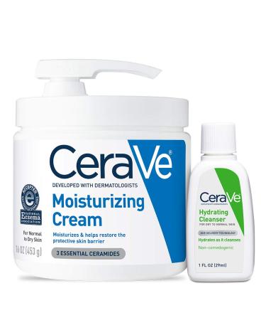 CeraVe Moisturizing Cream & Hydrating Facial Cleanser Skin Care Set Combo Pack For Dry Skin Relief Travel Essentials 1oz Cleanser + 16oz Cream With Pump 16 Ounce Cream + 1 Ounce Cleanser