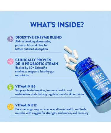 FRISKA Men s Daily Digestive Enzyme and Probiotics Supplement Natural Support for Male Digestive Health Bloating Gas Indigestion Relief Supports Gut Health Lactase and B-Vitamins 30 Capsules Mens Daily 30 Count (Pack of 1) - Buy Online on GoSupps.com