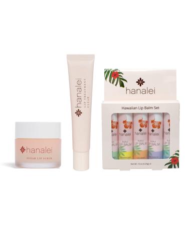 Hanalei Sugar Lip Scrub AND Kukui Oil Lip Treatment 15g Clear AND 5-Piece Tropical Lip Balm Set | Made with Hawaiian Botanicals | Cruelty-Free and Paraben-Free