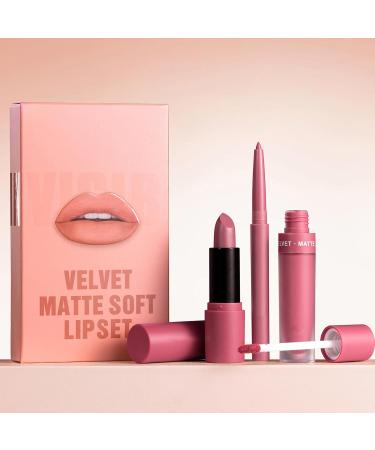 Lip Pencil - Lipstick Set | Lip Gloss Velvet Matte 3 in 1 Lip Health Combination to Perfectly Create a Natural Contour Enhanced Definition Long-Lasting Cosmetics - Buy Online on GoSupps.com