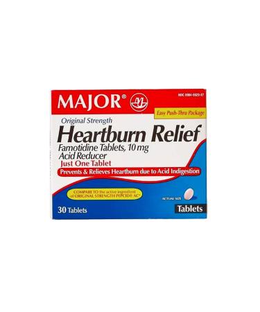 Major Famotidine Heartburn Relief (Acid Reducer) 10mg Original Strength Unisex Adult Pink Round Tablets Flavorless 30 Count 1 Pack