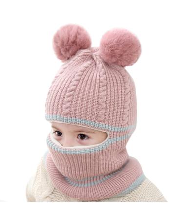 Baby Balaclava Kids Winter Warm Hat Scarf Warm Knitted Hood Hat with Double Pom Pom Design Beanie Caps for Baby Girls Boys Cute Small Bear Winter Hat B-A One Size