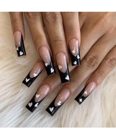French Tip Press on Nails - Long Square Press On Nails with Nail Tips Black edge with white heart design press on nails Acrylic False Nails Cute Artificial Nails