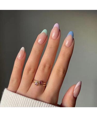 JUSTOTRY 24 Pcs Rainbow Almond Short False Nails Colourful French Tip Press on Nails Pattern Pastel Fake Nails Medium with Nail Glue Oval Stick on Nails for Women Nails Art 18Iridescent &french2