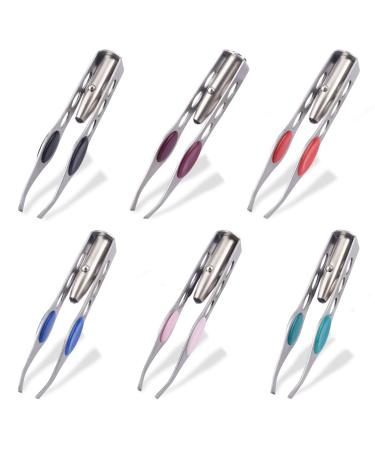 6 Pieces Tweezers with LED Light Stainless Steel Tweezers Makeup Eyelash Eyebrow Hair Removal Precision Tweezers with Light for Women and Men(Red Blue Brown Pink Black Green) Blue green
