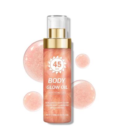 Body Glow Oil SPF 45 Broad Spectrum Shimmer Sunscreen Body Oil with Rose Gold Mica Moisturizing Coconut Lightweight Non-Sticky Radiant Glow 3.72 fl oz ROSE #2 ROSE