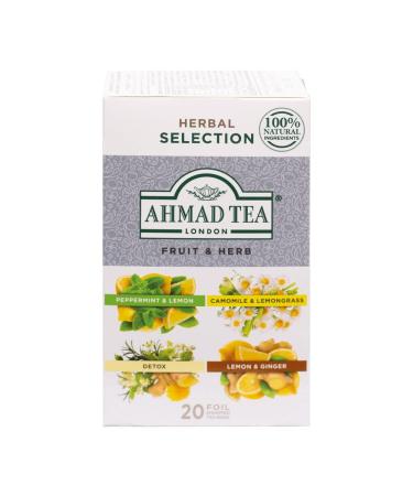Ahmad Tea Herbal Tea Fruit and Herb Selection 4 Teas Peppermint and Lemon Camomile and Lemongrass Lemon and Ginger and Detox Teabags 20 ct - Decaffeinated and Sugar-Free Detox 20 Count (Pack of 1)
