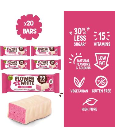 Flower & White Raspberry & White Chocolate Mallow Bars (15 Pack) Low Calorie Under 100 Calories Per Bar Vegetarian Gluten-Free 30% Less Sugar High In Fibre 15 x 30g - Buy Online on GoSupps.com