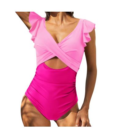 Swimming Suit for Women Scoop Neck Tummy Control Swimsuit High Waisted Slimming Monokinis Athletic Bikini Bathing Suits Ruffle One Piece Swimming Wear XL 1714-jysgd-pink#6